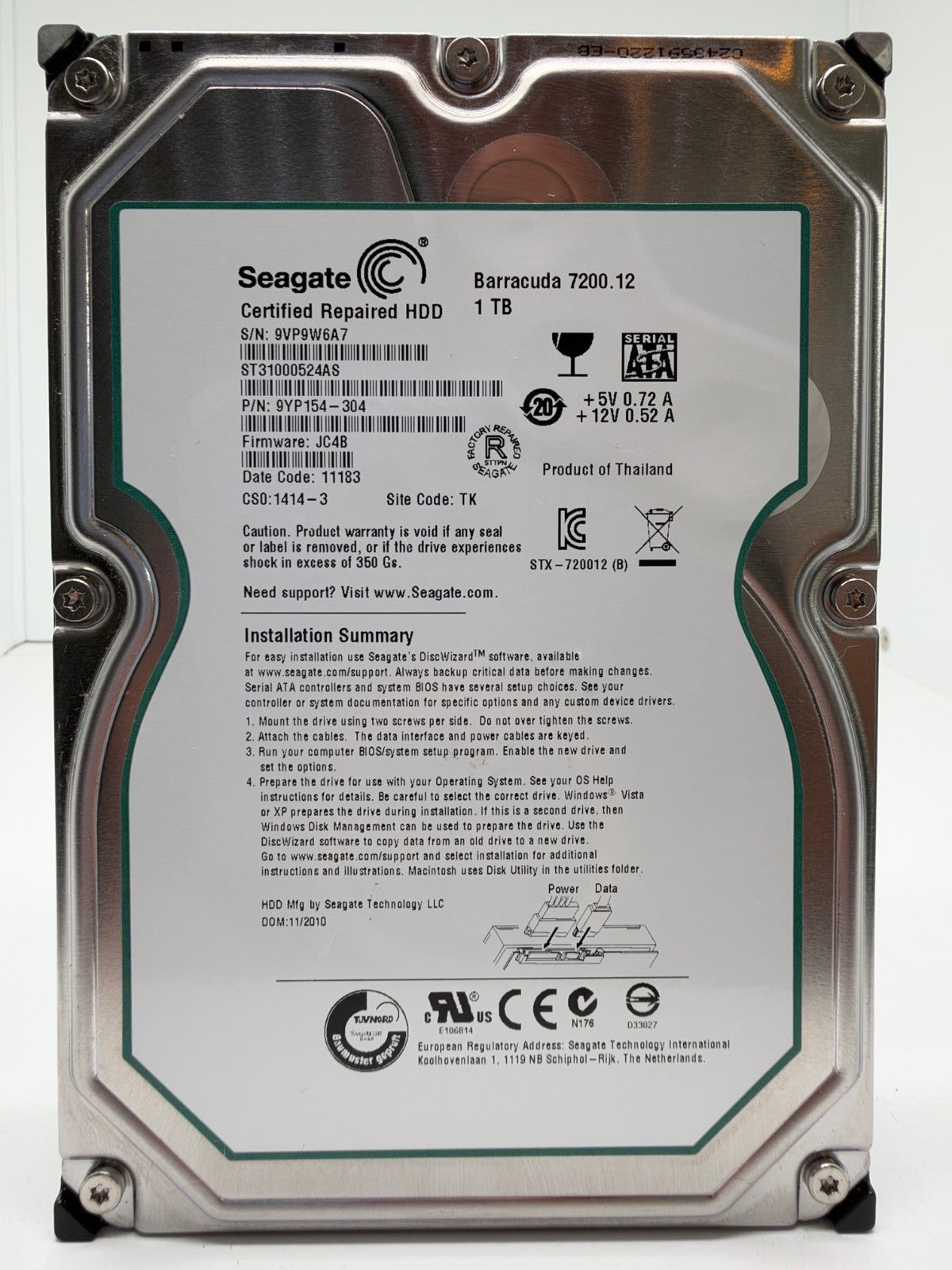 Seagate Barracuda 7200.12 ST31000524AS Interne Festplatte 1TB 3,5" HDD SATA