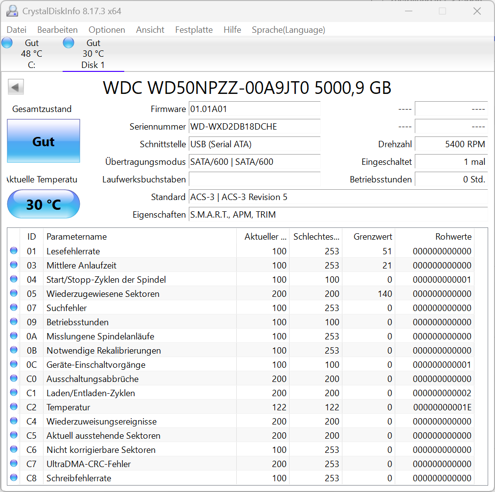 Western Digital WD50NPZZ - WD Blue 5TB 2,5 Zoll Festplatte 5400RPM SATA3 15mm