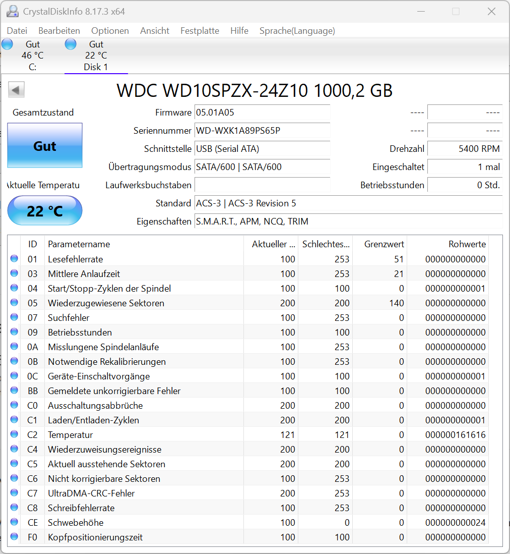 Western Digital WD10SPZX - WD Blue 1TB interne Festplatte 5400RPM 2,5 Zoll SATA3