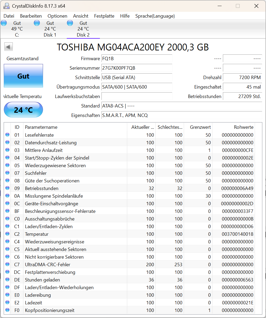Toshiba 2TB Interne Festplatte MG04ACA200EY 3,5 Zoll HDD 7200RPM 2  TB