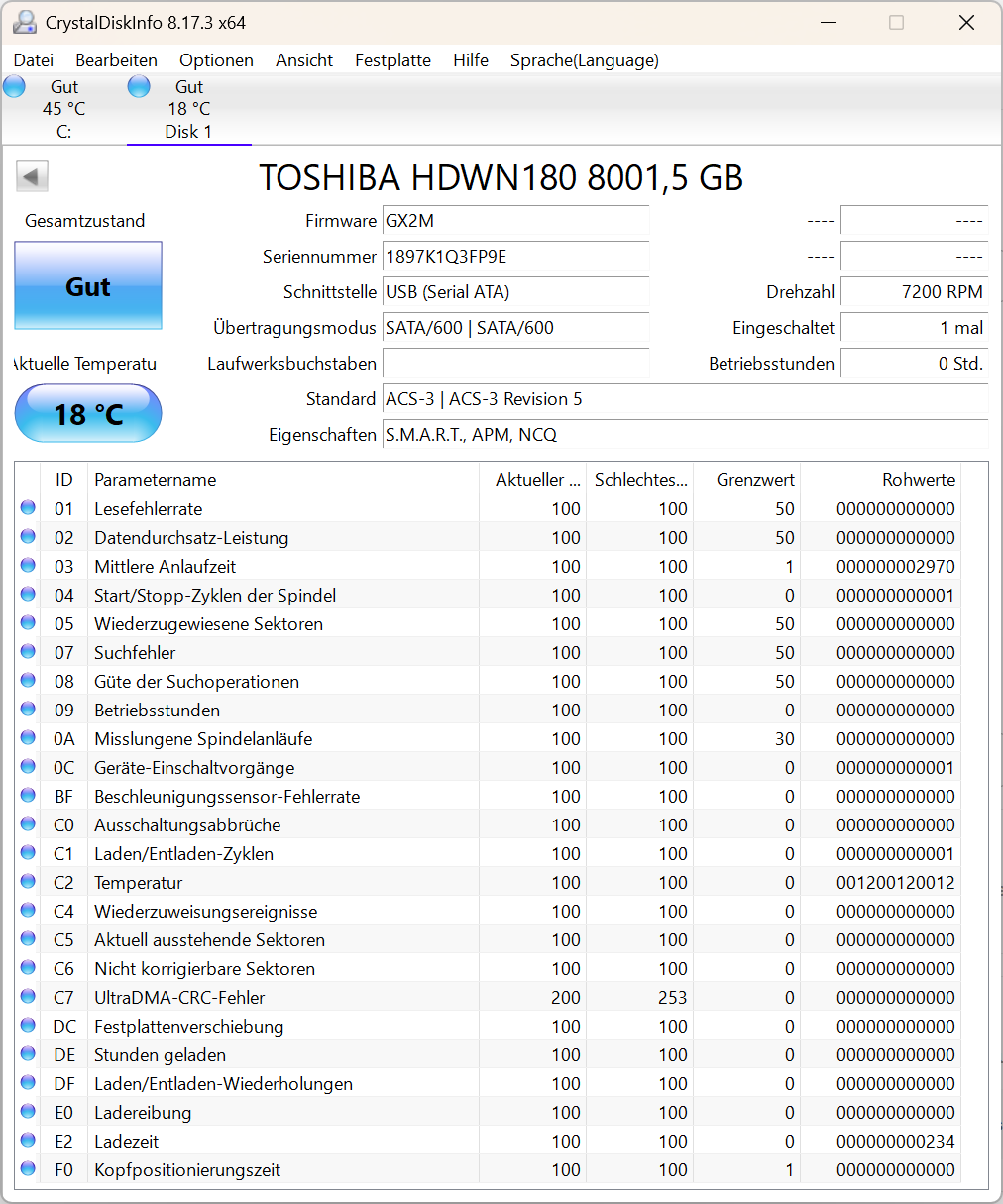 Toshiba HDWN180 N300 Festplatte 8TB intern 3.5" SATA3 7200rpm NAS HDEXT10GCA51