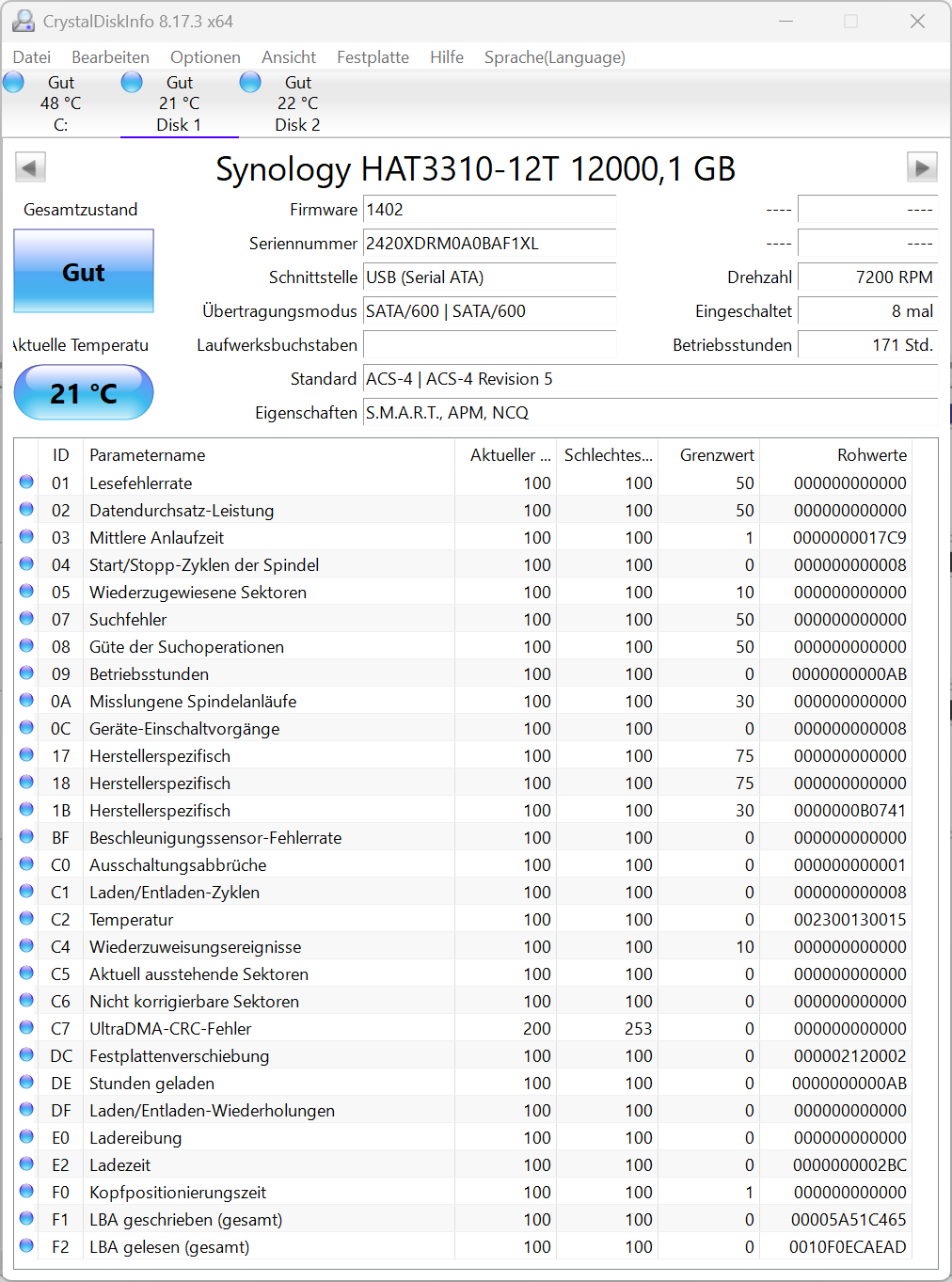 Synology Plus HAT3310 12TB (HAT3310-12T) 3.5" SATA Festplatte 171 Power on Hours