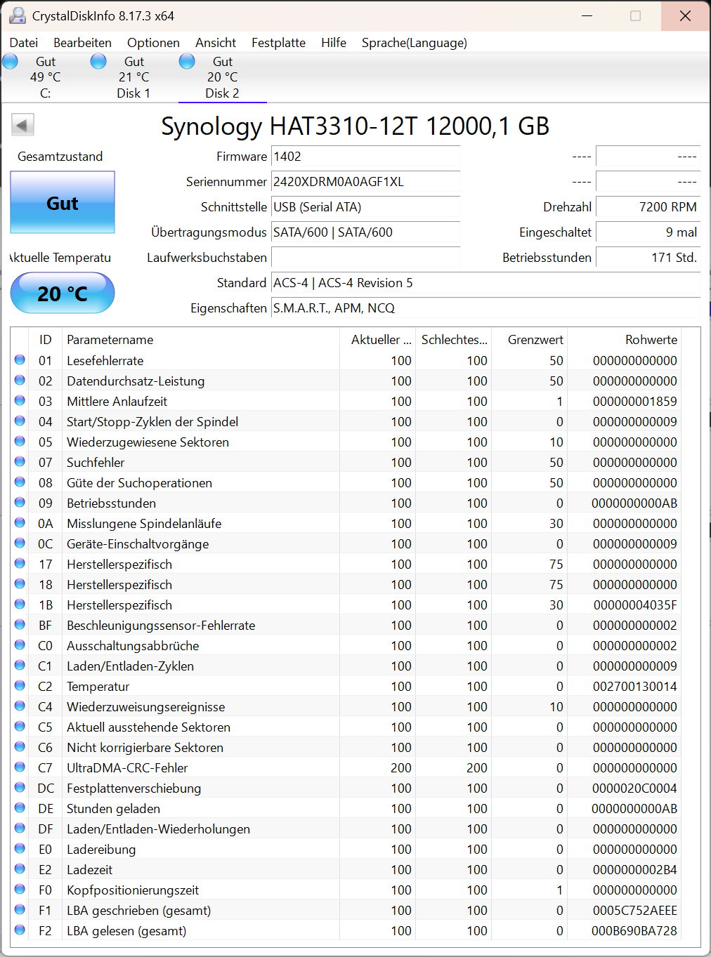 Synology Plus HAT3310 12TB (HAT3310-12T) 3.5" SATA Festplatte 171 Power on Hours