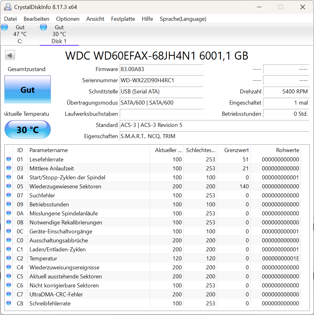 Western Digital WD RED WD60EFAX 6TB interne Festplatte 5400 RPM SATA3