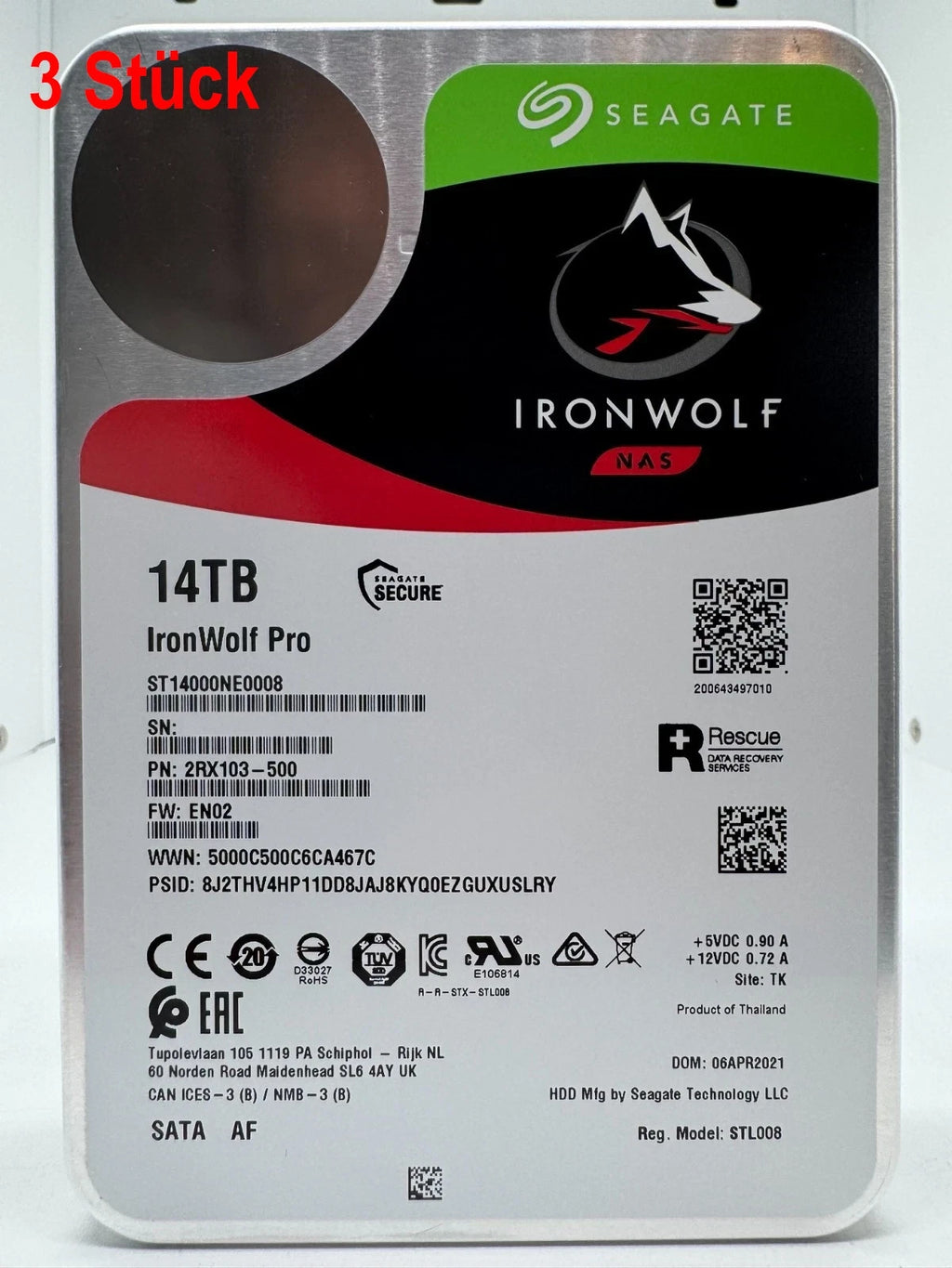 3 Stück Seagate IronWolf Pro ST14000NE0008 NAS HDD - 14TB 3,5 Zoll SATA3 CMR