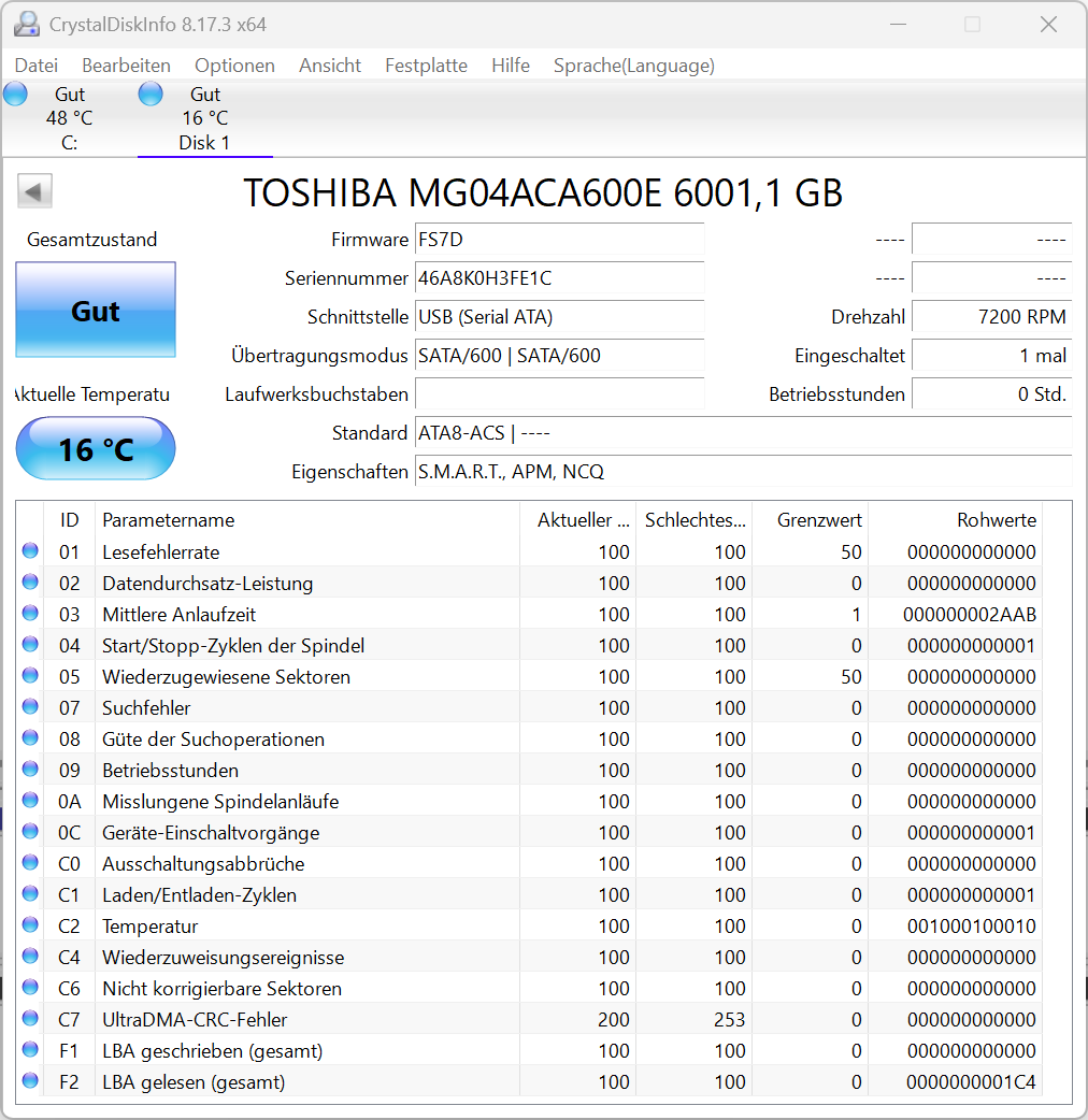 Toshiba MG04ACA600E Festplatte 6TB intern 3.5" SATA3 7200rpm NAS-geeignet 24/7