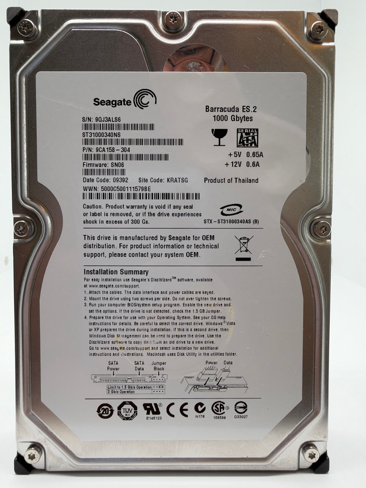Seagate Barracuda ES.2 ST31000340NS Interne Festplatte 1TB 3,5" HDD SATA