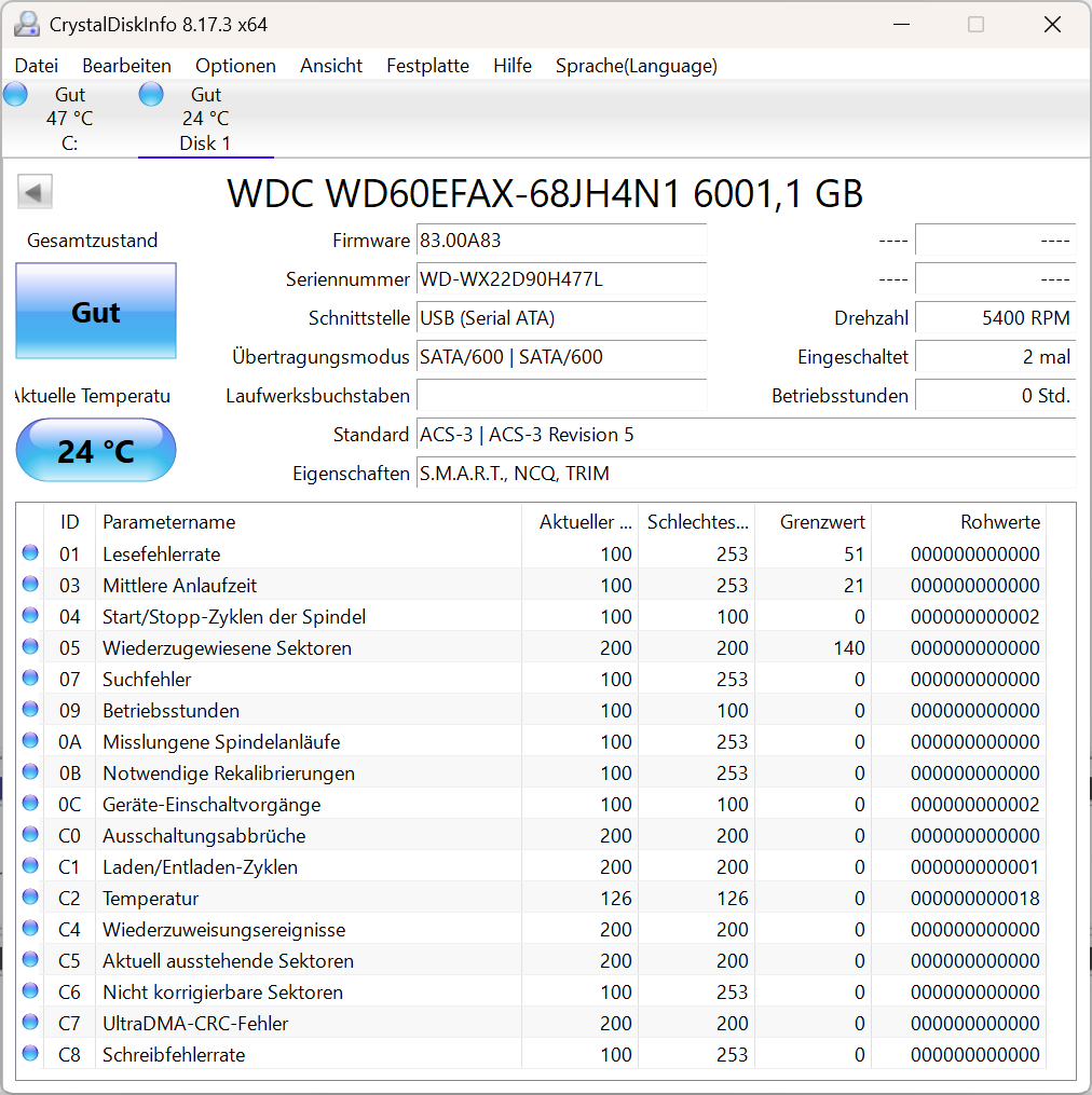 Western Digital WD RED WD60EFAX 6TB interne Festplatte 5400 RPM SATA3