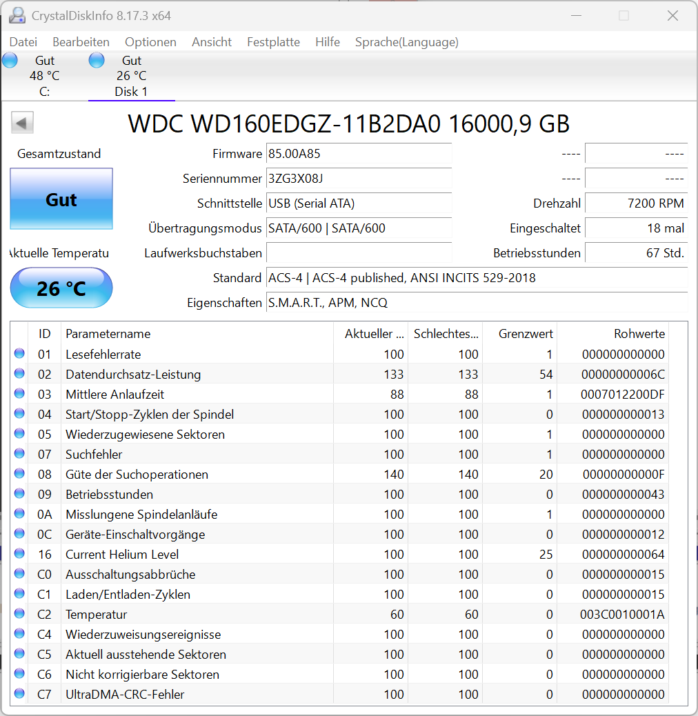 Western Digital WD160EDGZ interne Festplatte 16TB 7200upm SATA3 HDD 3,5 Zoll 08J