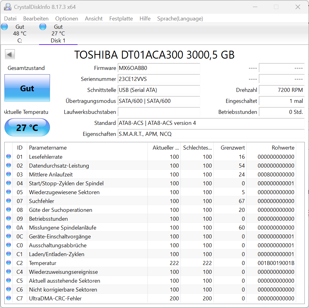 Toshiba DT01ACA300 Festplatte 3TB intern 3.5" SATA3 7200rpm 3TB Desktop HDD -VVS