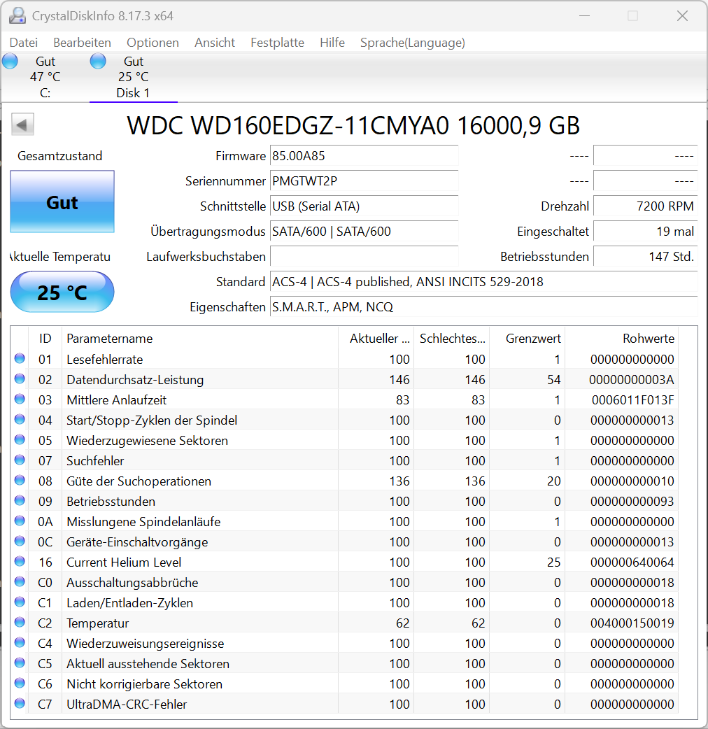 Western Digital WD160EDGZ interne Festplatte 16TB 7200upm SATA3 HDD 3,5 Zoll T2P