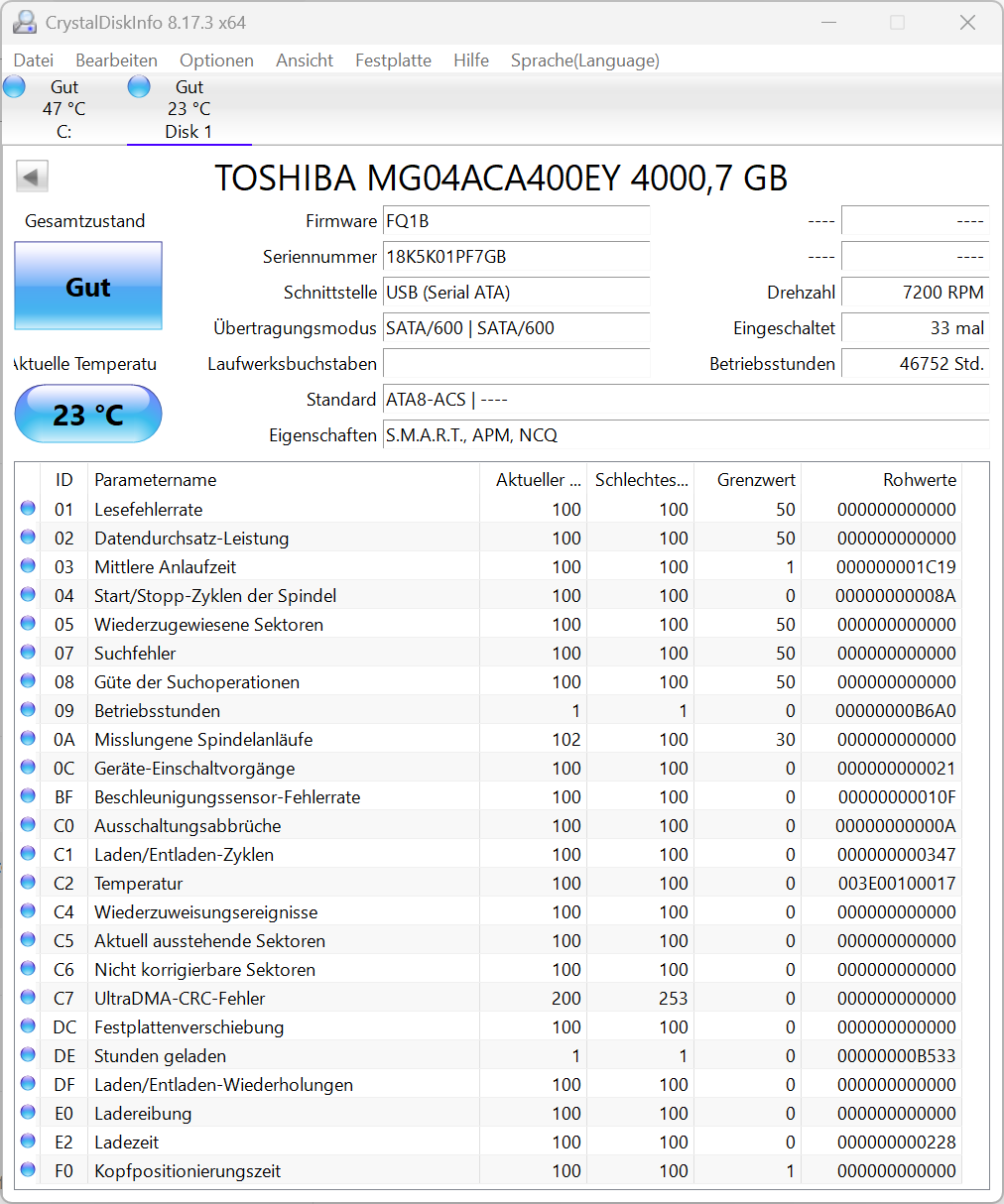 Toshiba MG04ACA400EY Festplatte 4TB intern 3.5" SATA3 7200rpm NAS-geeignet 24/7