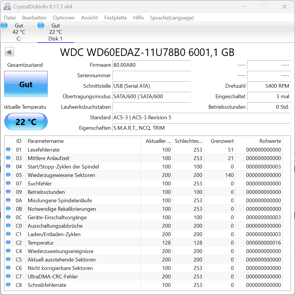 Western Digital 6TB WD60EDAZ intern Festplatte 5400 RPM SATA3 6 TB SATA 3