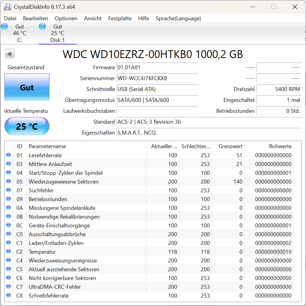 Western Digital WD10EZRZ 00HTKB0 - WD Blue 1TB Festplatte 5400RPM SATA 3 -1 TB