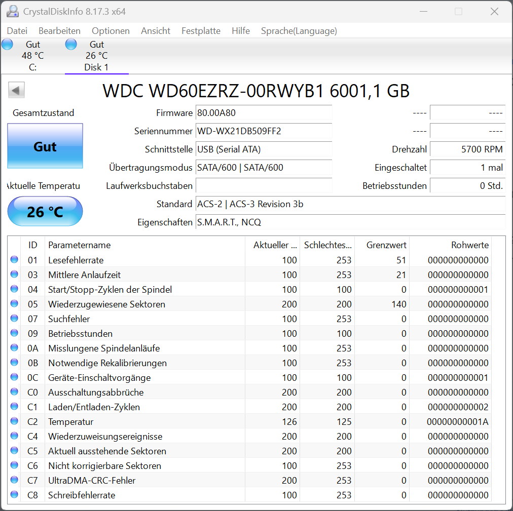 Western Digital WD60EZRZ - WD Blue 6TB Festplatte 5400RPM SATA 3 - 6 TB