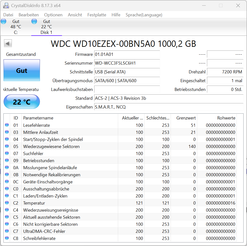 Western Digital WD10EZEX - WD Blue 1TB Festplatte 7200RPM SATA 3 -1 TB -6H1