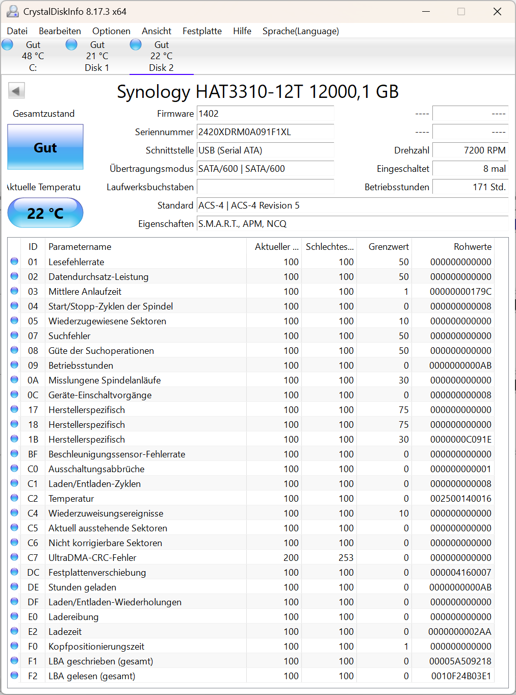 Synology Plus HAT3310 12TB (HAT3310-12T) 3.5" SATA Festplatte 171 Power on Hours