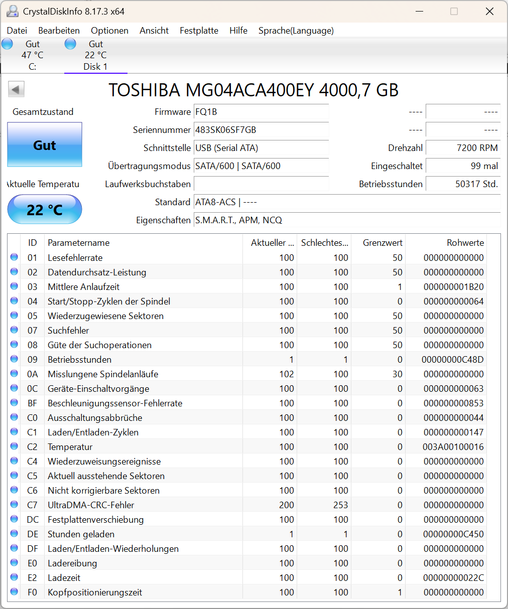 Toshiba MG04ACA400EY Festplatte 4TB intern 3.5" SATA3 7200rpm NAS-geeignet 24/7