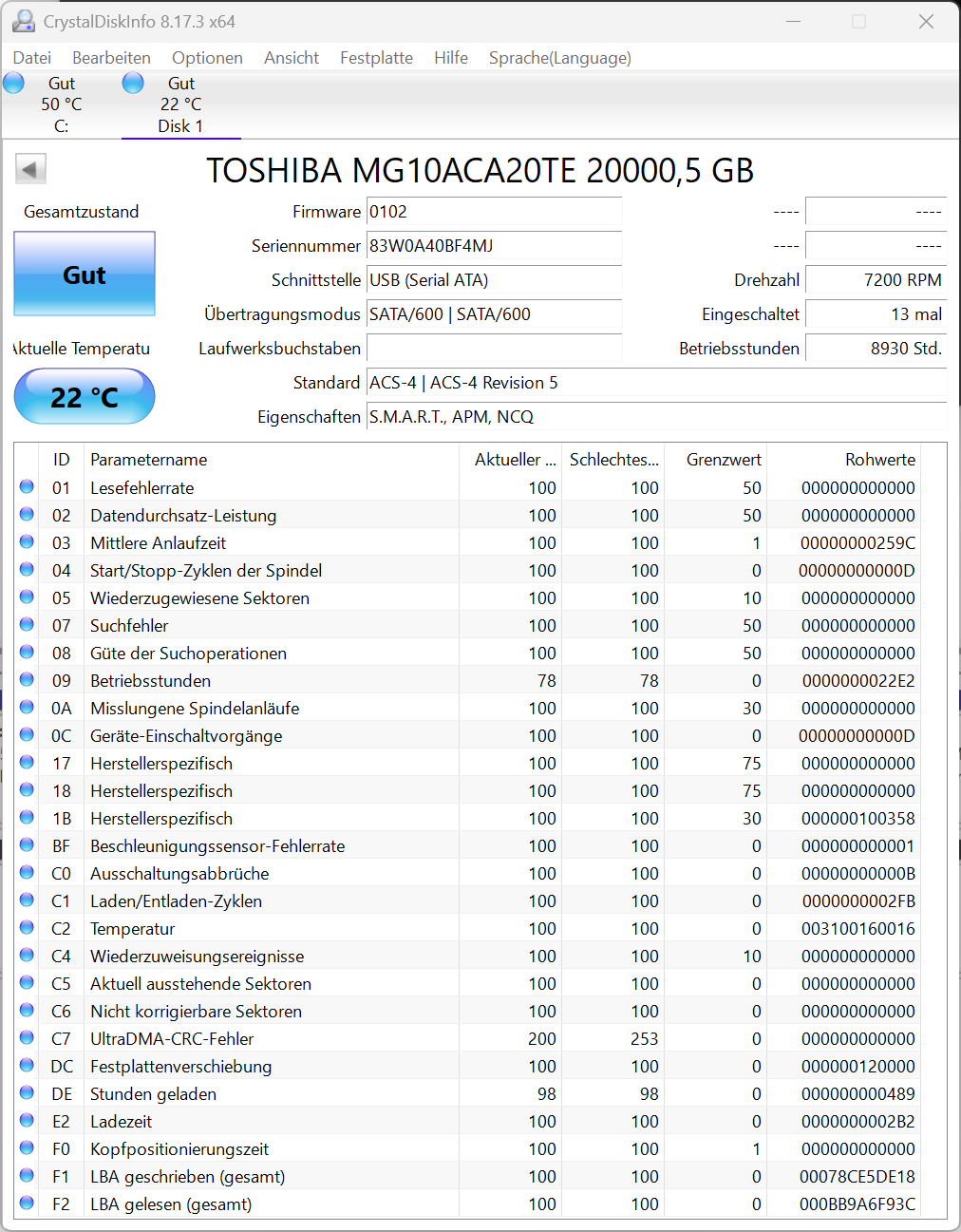Toshiba MG10ACA20TE Festplatte 20TB intern 3.5" SATA3 7200rpm 24/7 NAS-geeignet