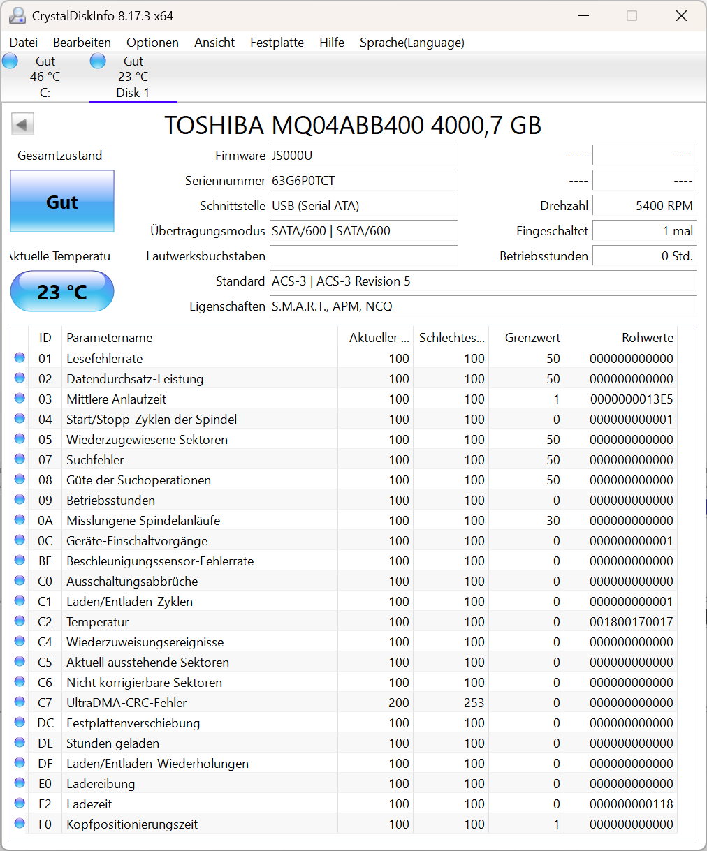 Toshiba MQ04ABB400 4TB 5400RPM 2,5" SATA 6Gb/s Festplatte 15mm Bauhöhe -TCT