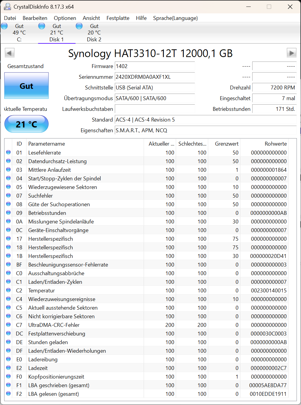 Synology Plus HAT3310 12TB (HAT3310-12T) 3.5" SATA Festplatte 171 Power on Hours