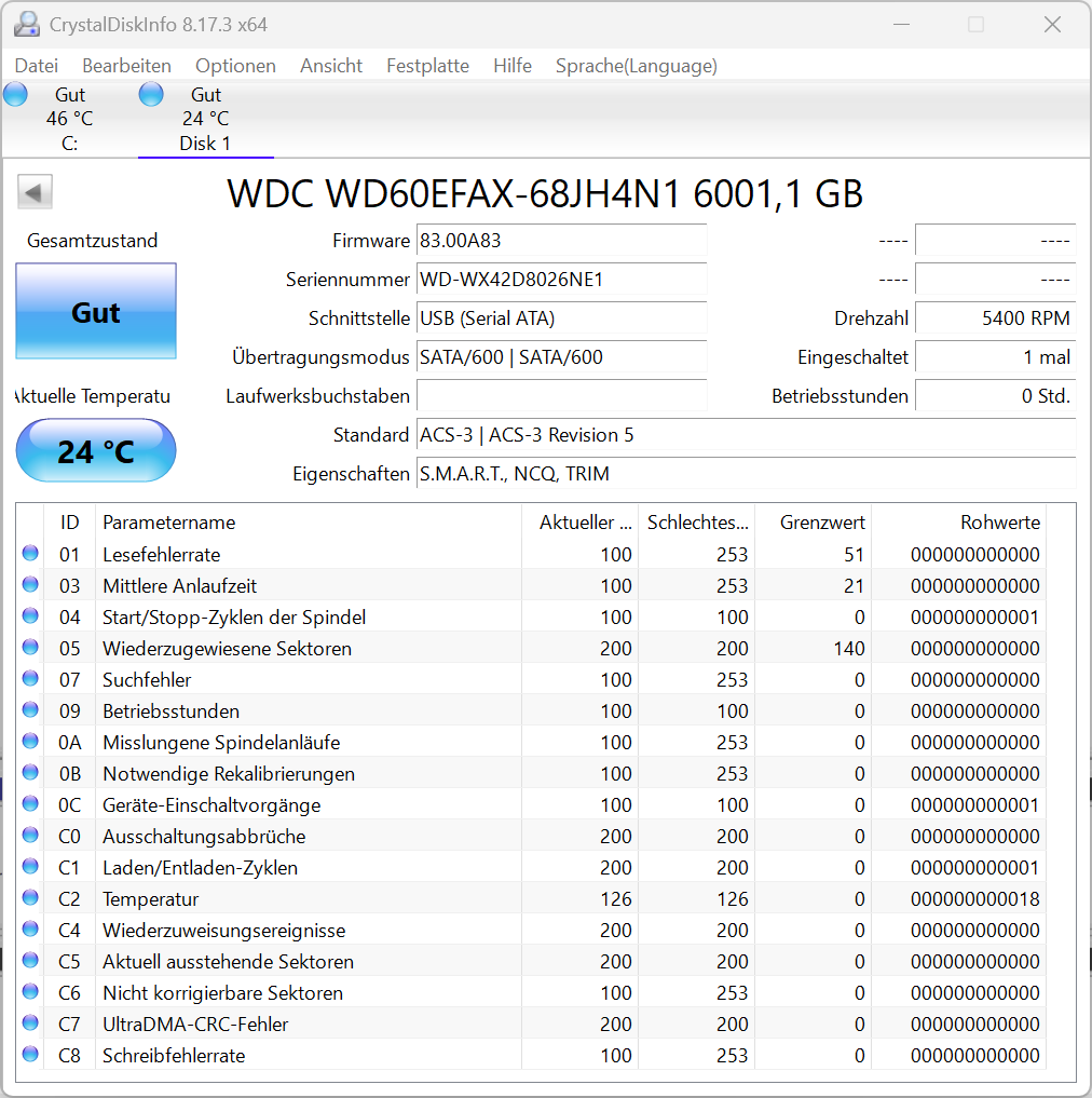 Western Digital WD RED WD60EFAX 6TB interne Festplatte 5400 RPM SATA3
