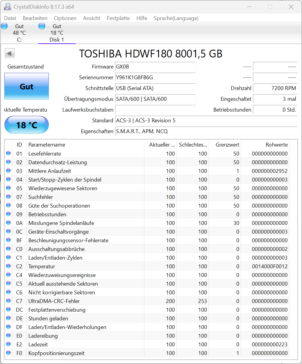 Toshiba HDWF180 X300 Festplatte 8TB intern 3.5" SATA3 7200rpm NAS HDWF180UZSVA