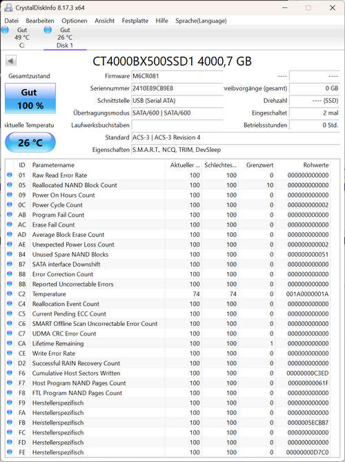 Crucial BX500 SSD 4TB 2.5 Zoll SATA 6Gb/s (CT4000BX500SSD1) 4 TB