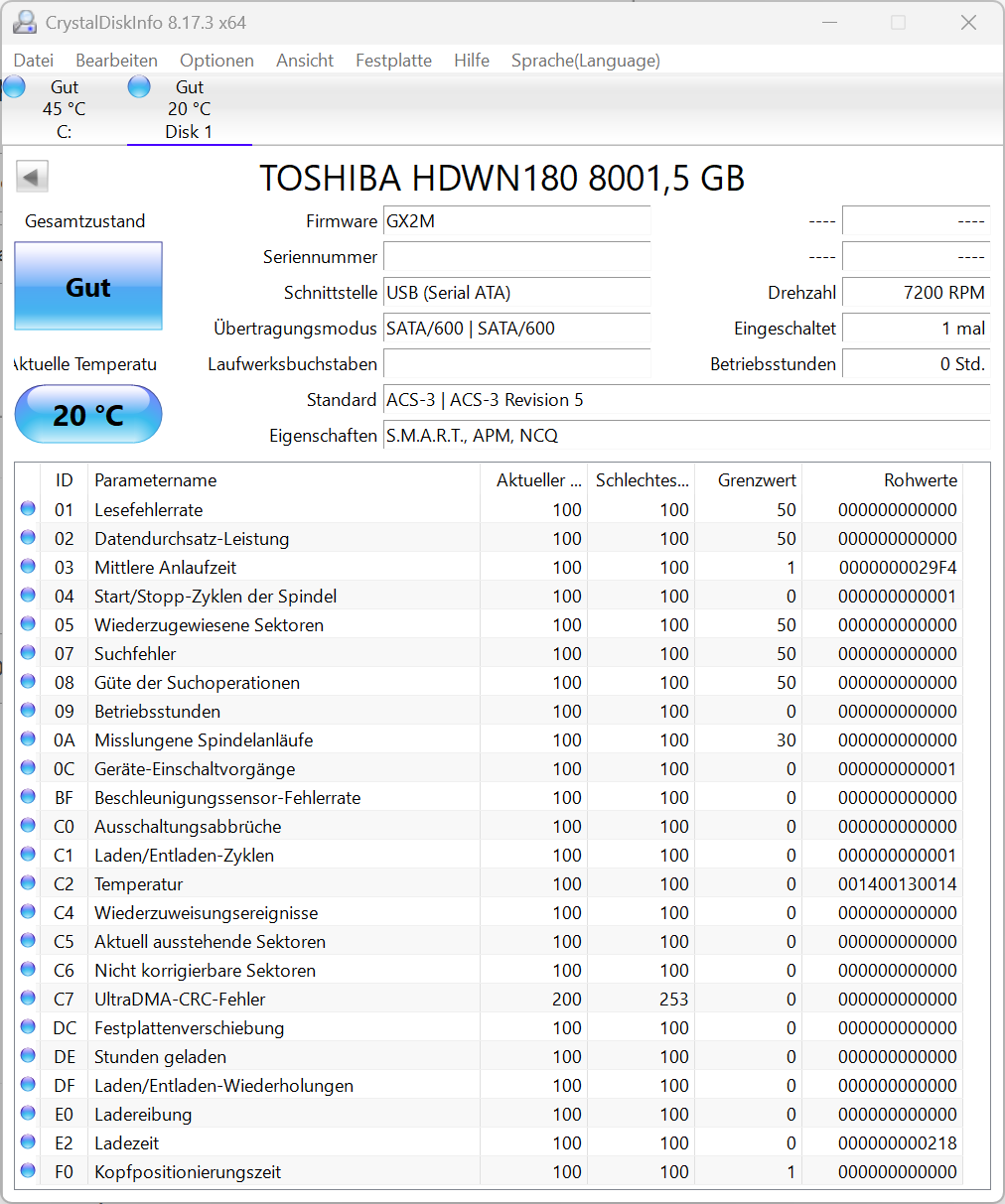 Toshiba HDWN180 N300 Festplatte 8TB intern 3.5" SATA3 7200rpm NAS HDEXT10ZNA51