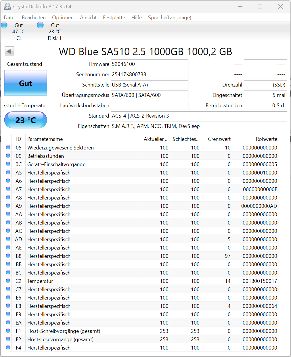 Western Digital Blue SA510 1TB SSD interne Festplatte (WDS100T3B0A-00AXR0) -733
