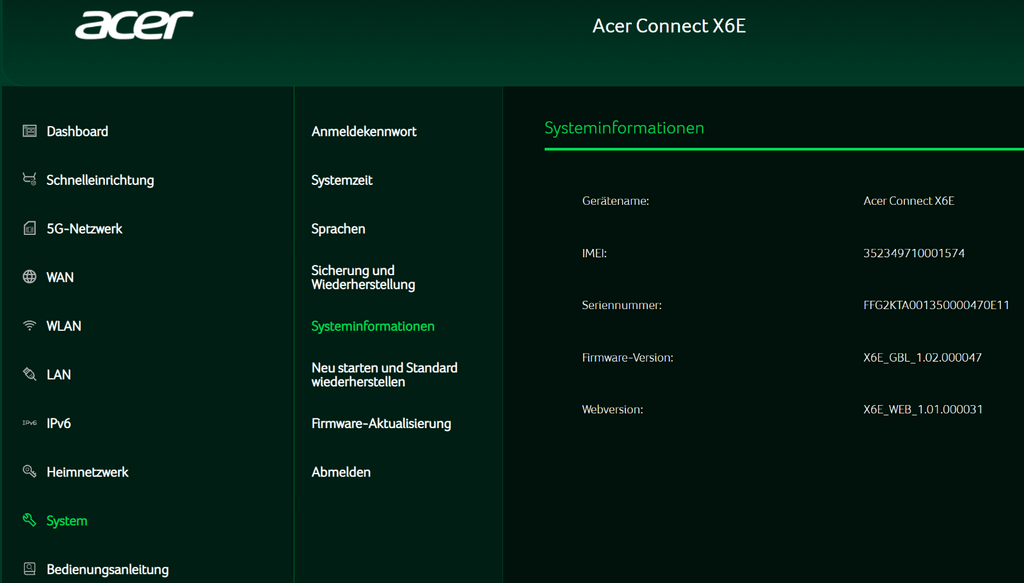 Acer Connect X6E 5G Router WiFi 6E Gigabit Ethernet NanoSIM Dual-Konnektivität a