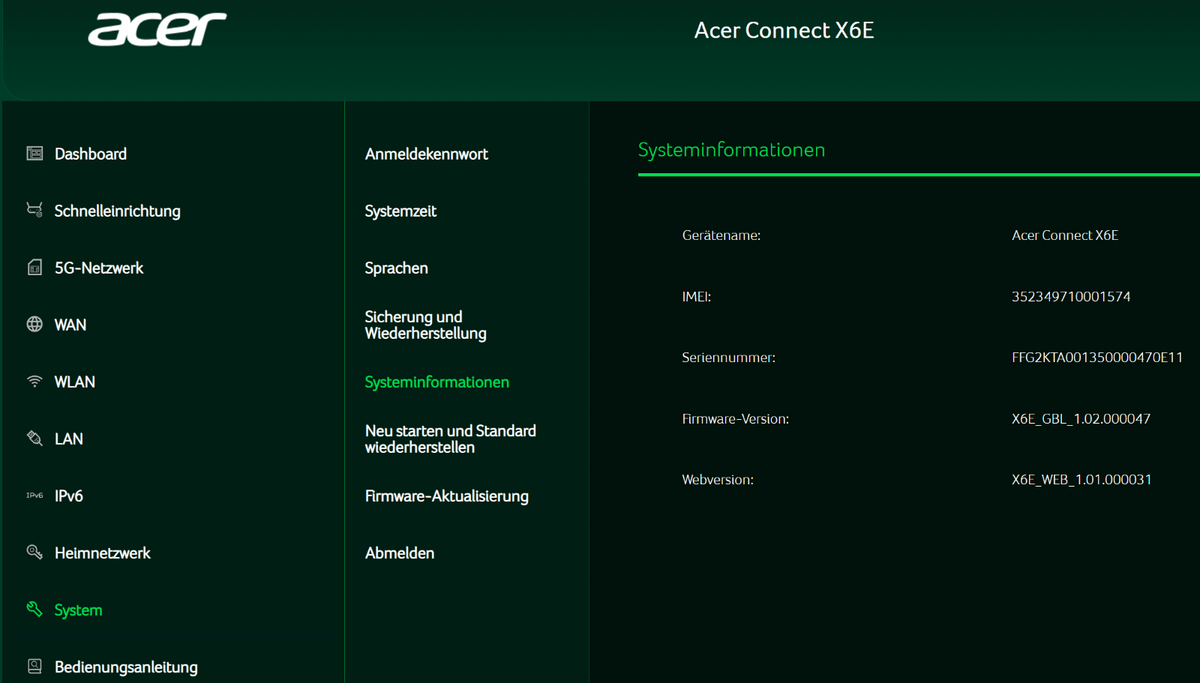 Acer Connect X6E 5G Router WiFi 6E Gigabit Ethernet NanoSIM Dual-Konnektivität a