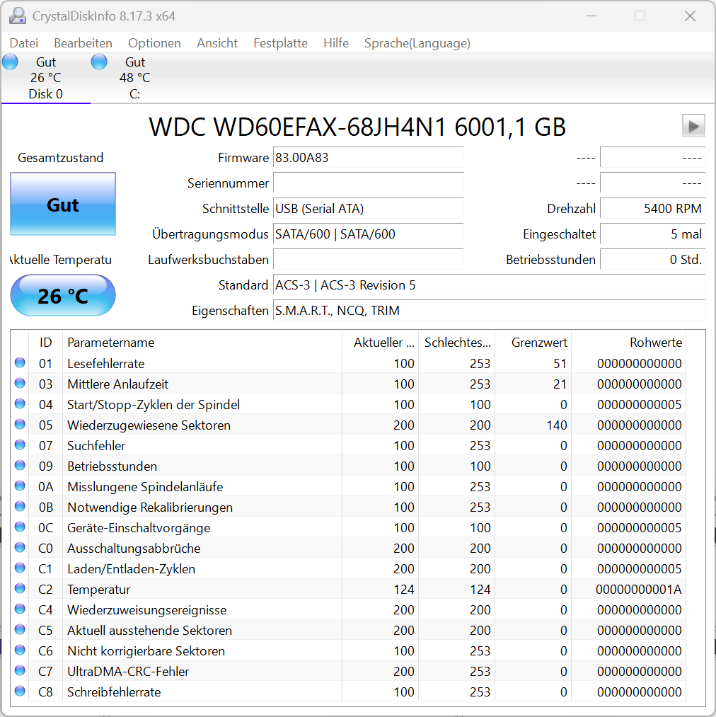 Western Digital WD RED 6TB WD60EFAX interne Festplatte 5400 RPM SATA 3
