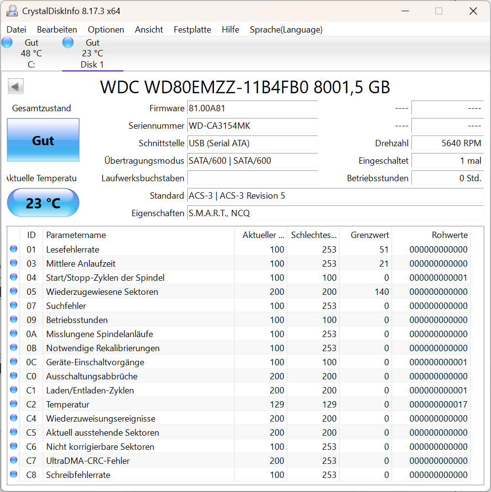 Western Digital 8TB WD80EMZZ intern Festplatte 5640 RPM SATA3 8 TB SATA 3
