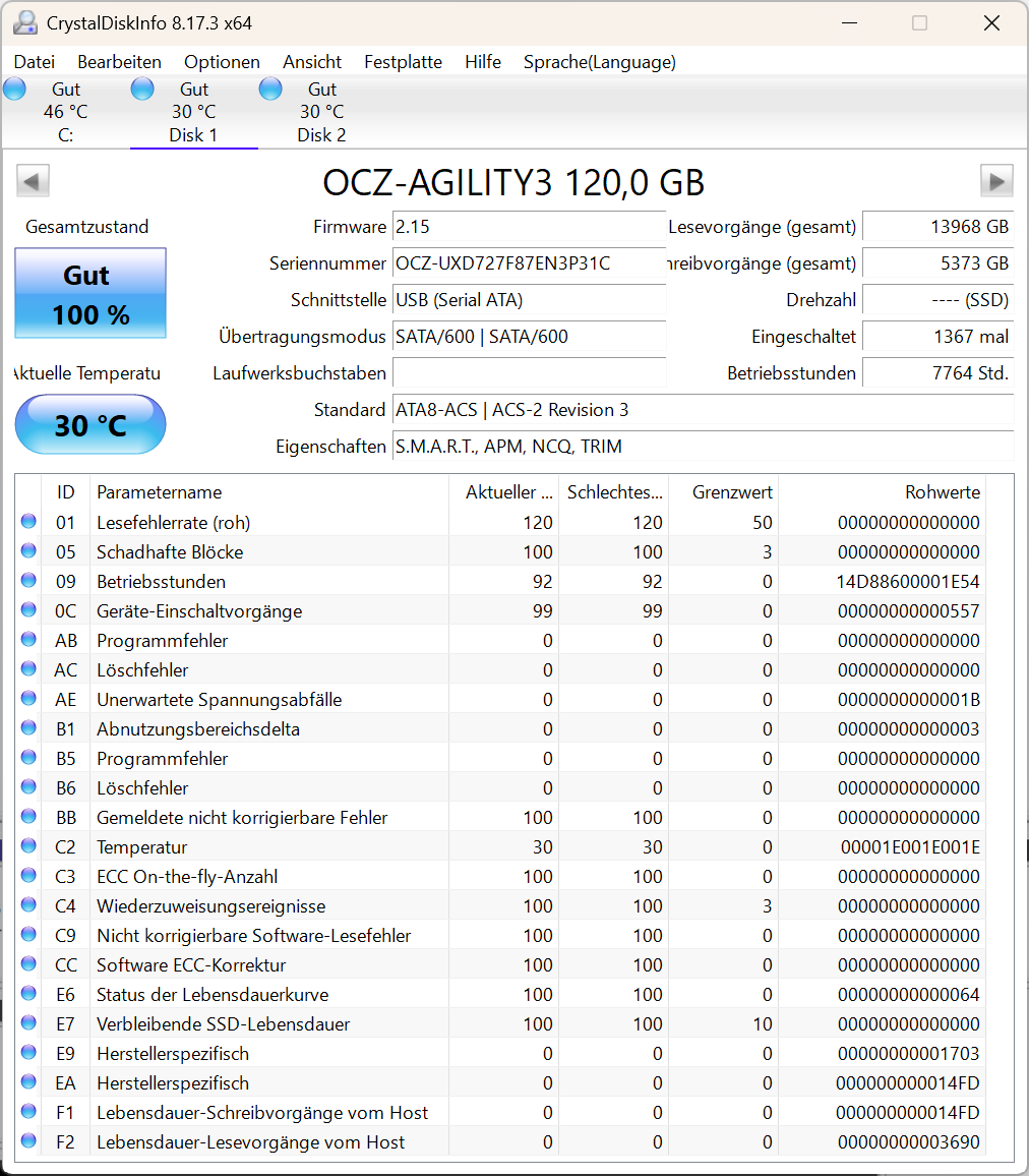 OCZ Agility 3 SSD Series interne Festplatte 2.5" SATA3 (AGT3-25SAT3-120G) - 100%