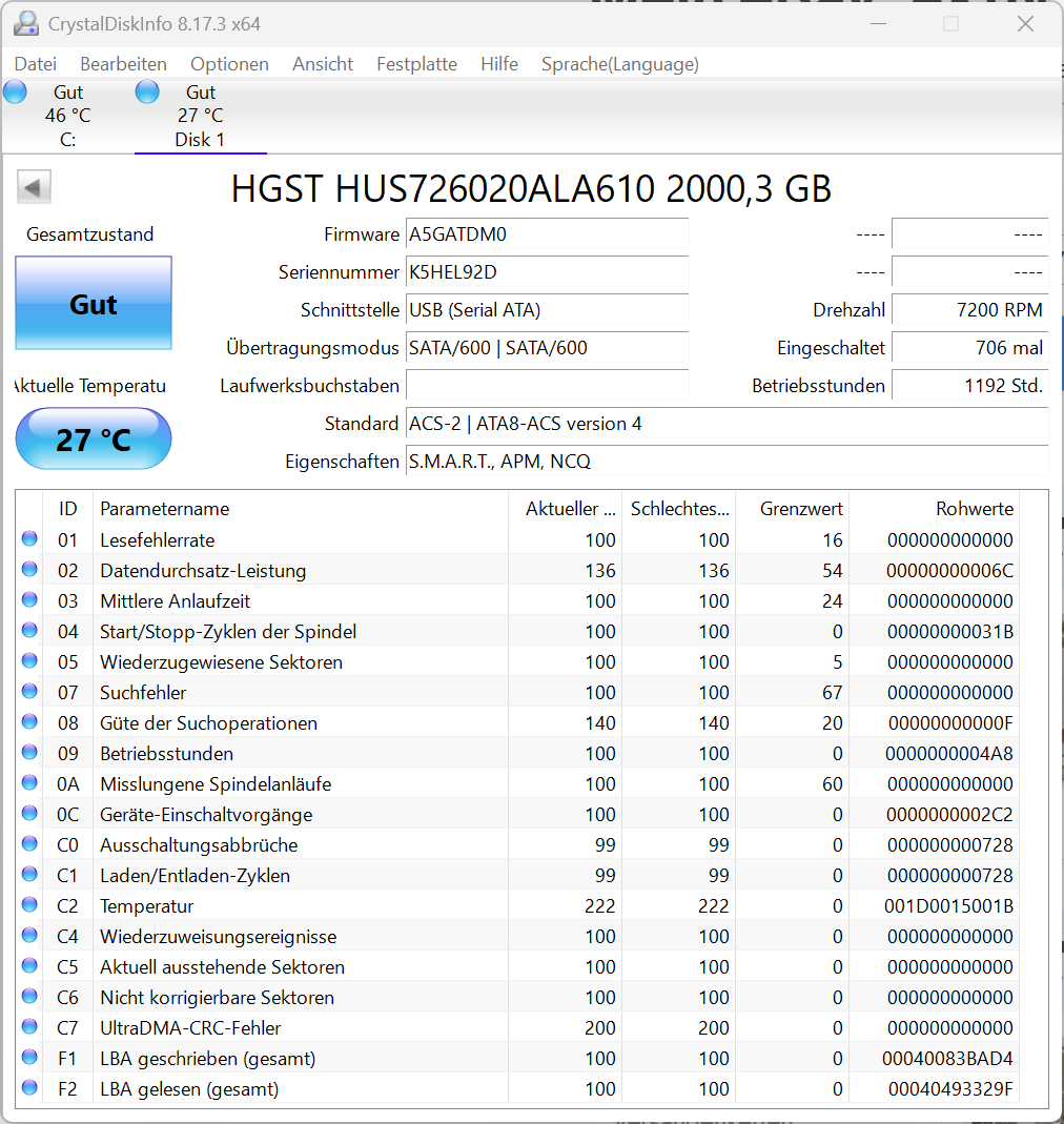 HGST HUS726020ALA610 0F23112 2TB interne Festplatte SATA III 3,5" 2 TB -92D