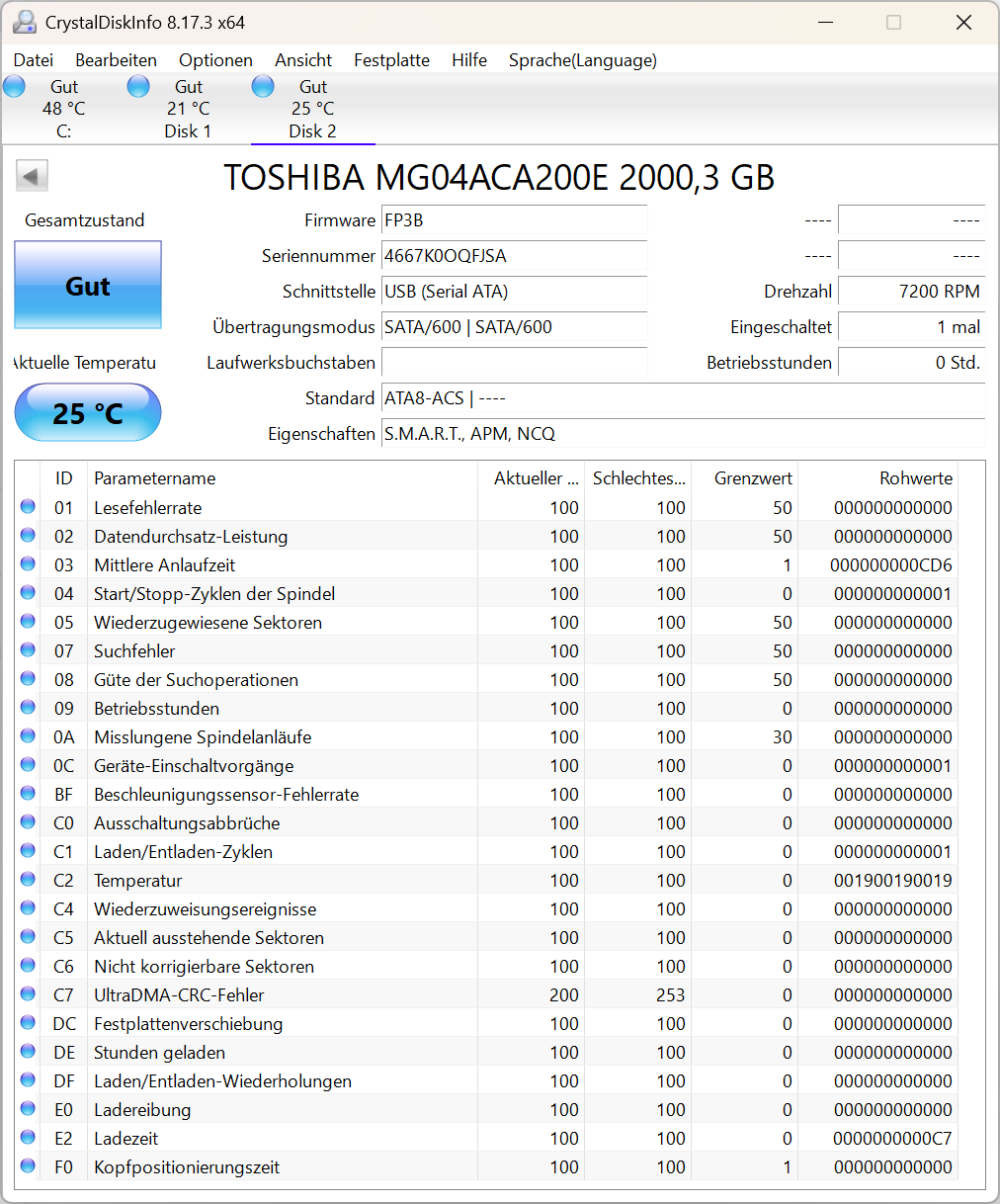 Toshiba MG04ACA200E Festplatte 2TB intern 3.5" SATA3 7200rpm NAS-geeignet 24/7
