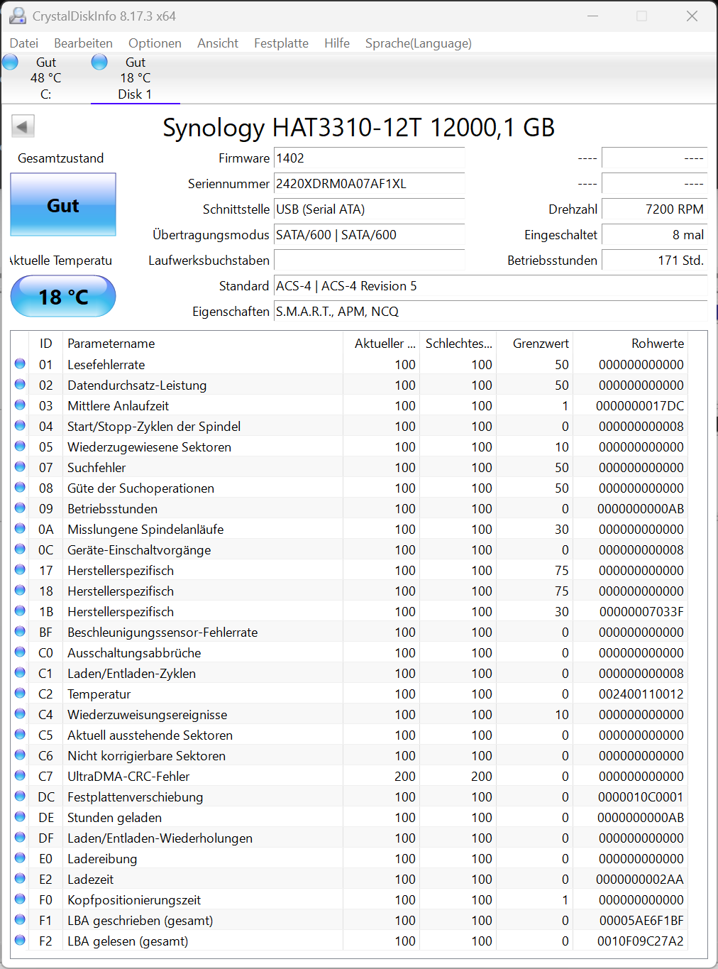 Synology Plus HAT3310 12TB (HAT3310-12T) 3.5" SATA Festplatte 171 Power on Hours