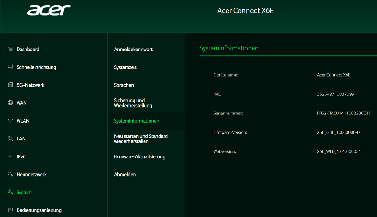 Acer Connect X6E 5G Router WiFi 6E Gigabit Ethernet NanoSIM Dual-Konnektivität b