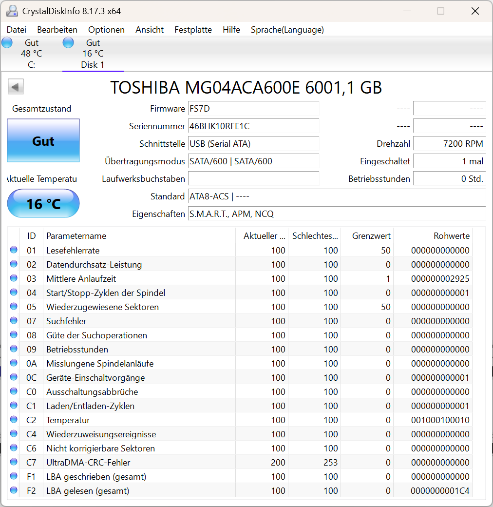 Toshiba MG04ACA600E Festplatte 6TB intern 3.5" SATA3 7200rpm NAS-geeignet 24/7