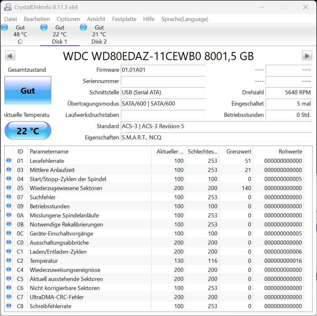 Western Digital 8TB WD80EDAZ intern Festplatte 5640 RPM SATA3 8 TB SATA 3
