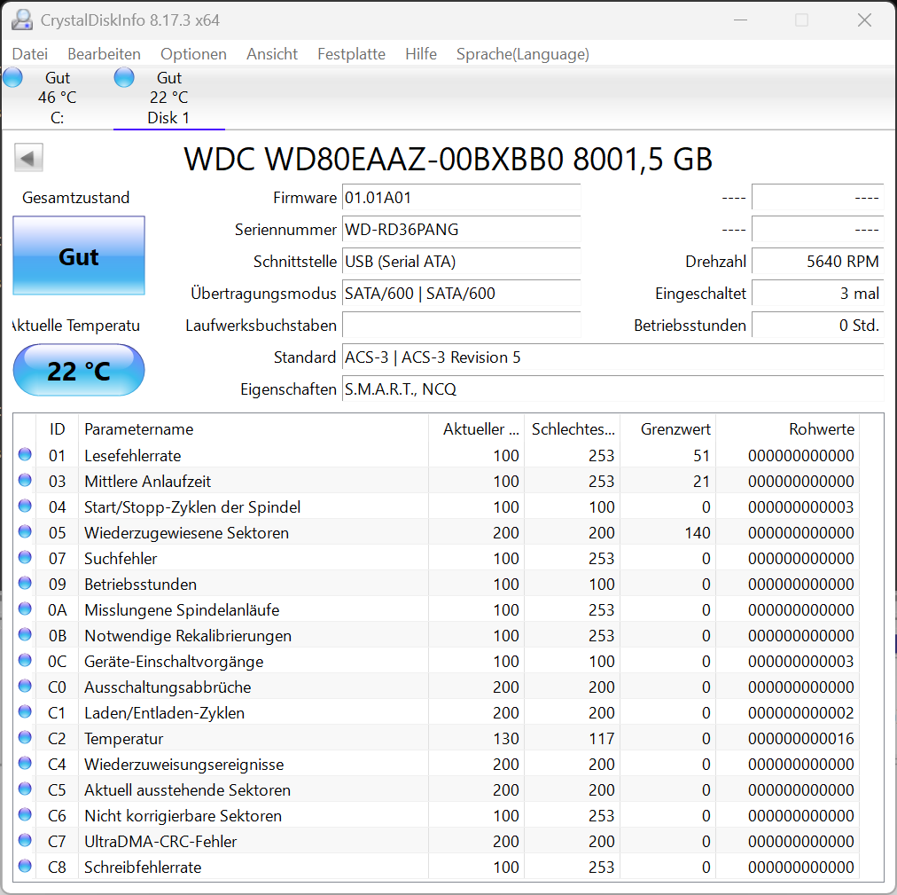 Western Digital WD Blue WD80EAAZ - 8TB Festplatte 5640RPM SATA 3 -8 TB