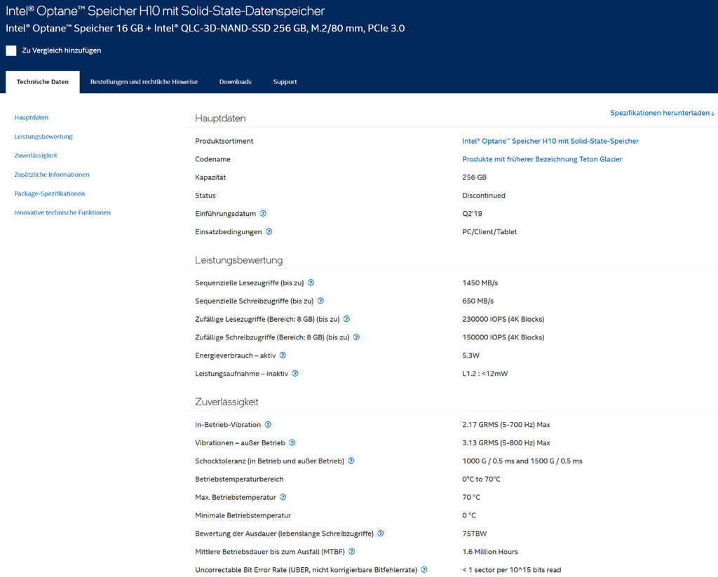 Intel Optane H10 256GB + 16GB M.2 NVMe SSD PCIe 3.0 x4 2280 Festplatte Notebook