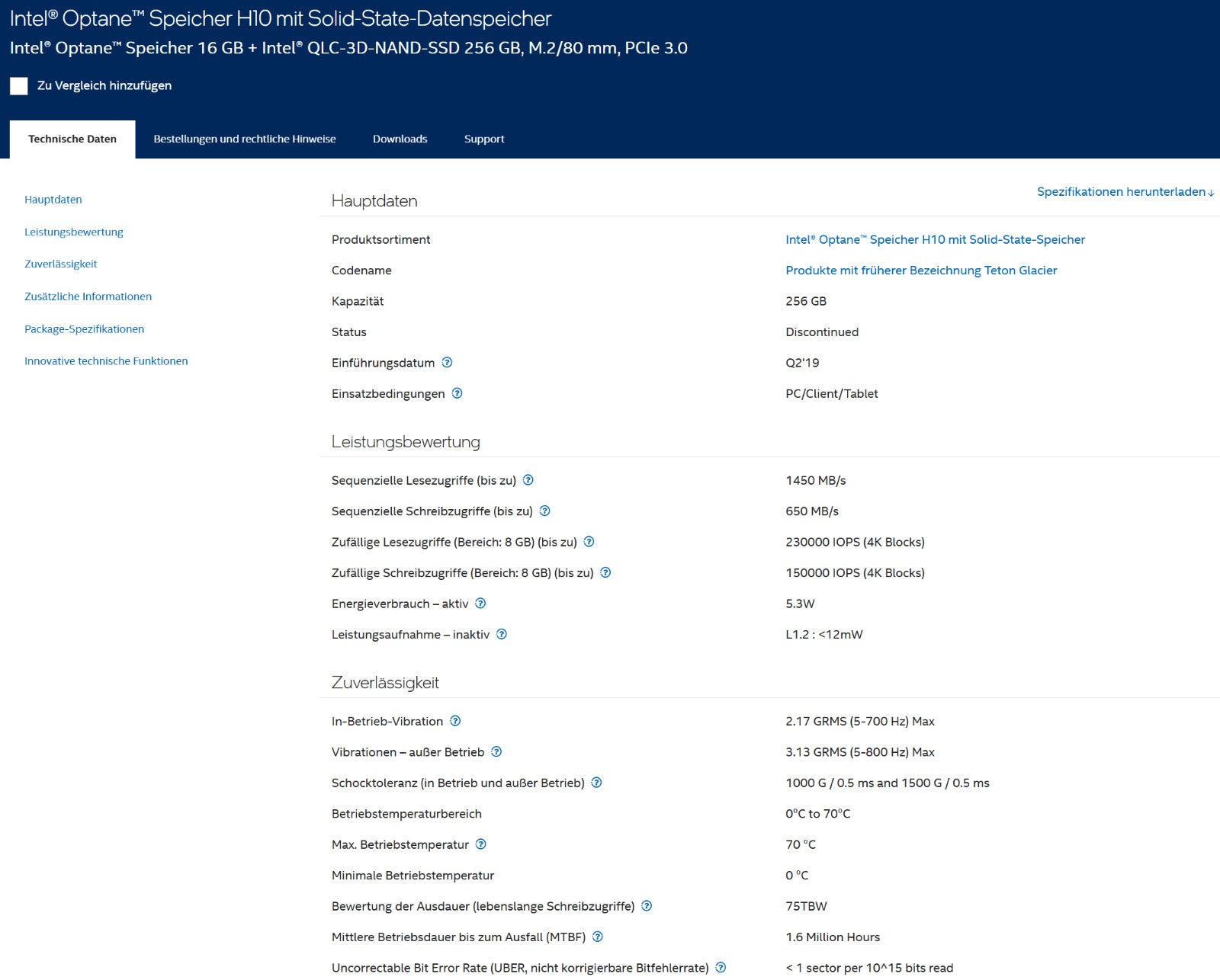 Intel Optane H10 256GB + 16GB M.2 NVMe SSD PCIe 3.0 x4 2280 Festplatte Notebook