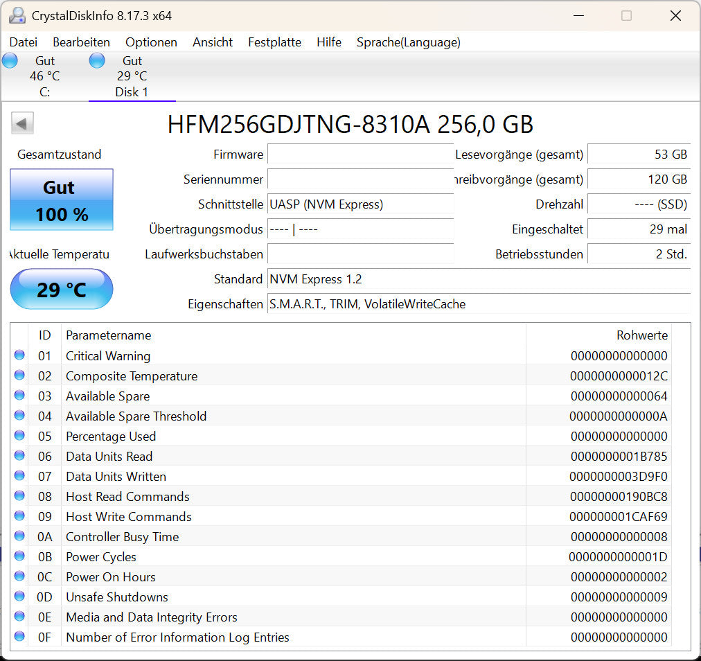 SK hynix HFM256GDJTNG 256GB M.2 NVMe SSD PCIe 3.0 2280 PC Notebook Festplatte