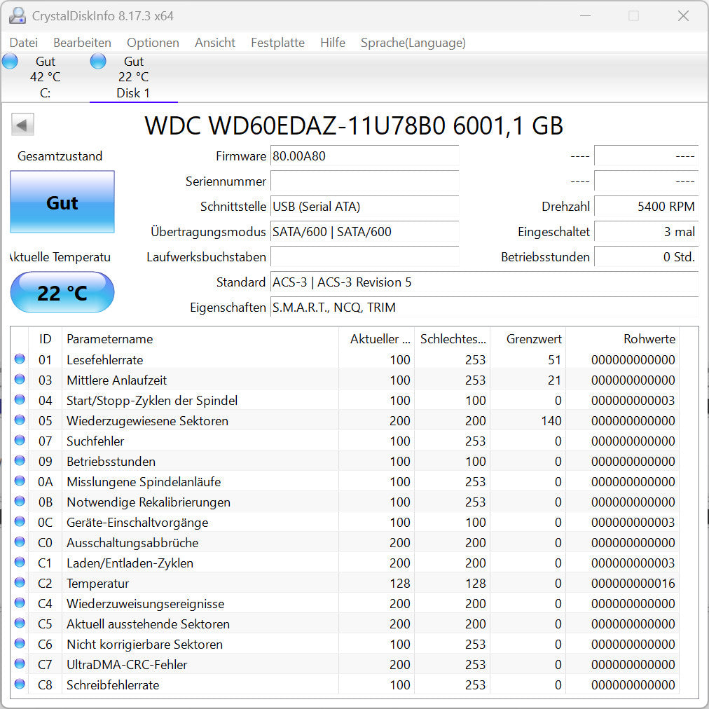 Western Digital 6TB WD60EDAZ interne Festplatte 5400 RPM SATA 3