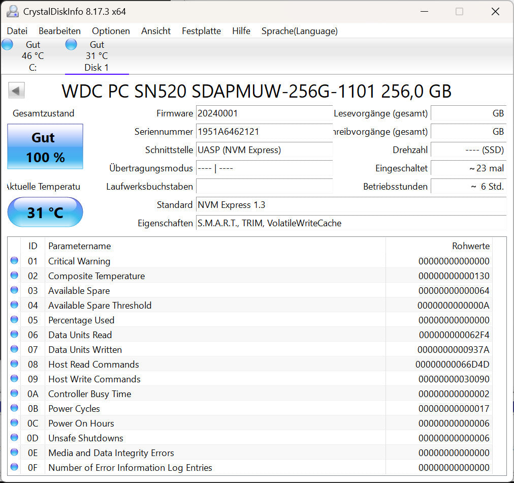 Western Digital WD SN520 256GB M.2 NVMe SSD PCIe 3.0 x4 2242 Notebook Festplatte