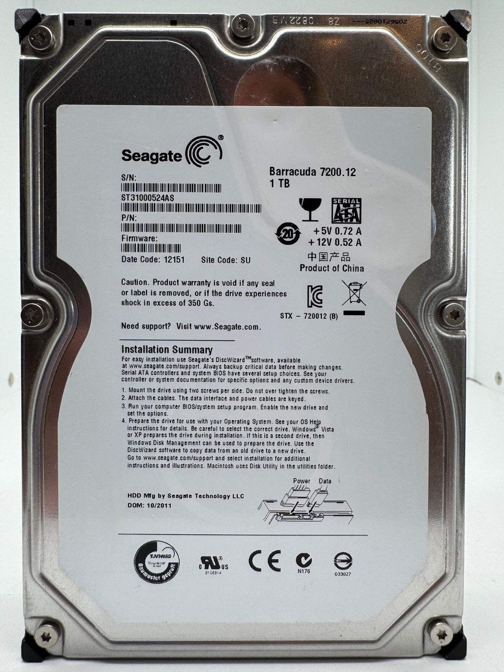 Seagate BarraCuda 7200.12 ST31000524AS Interne Festplatte 1TB 3,5" HDD SATA