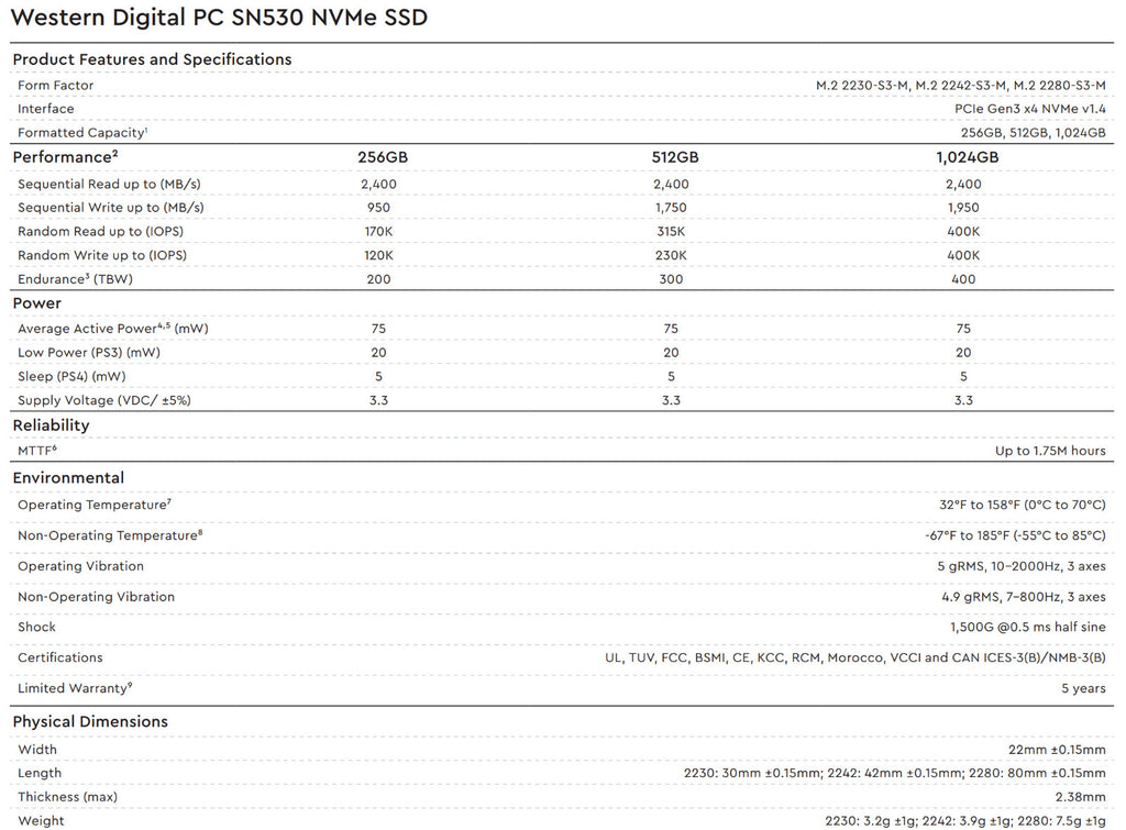 Western Digital WD SN530 256GB M.2 NVMe SSD PCIe 3.0 x4 2242 Notebook Festplatte