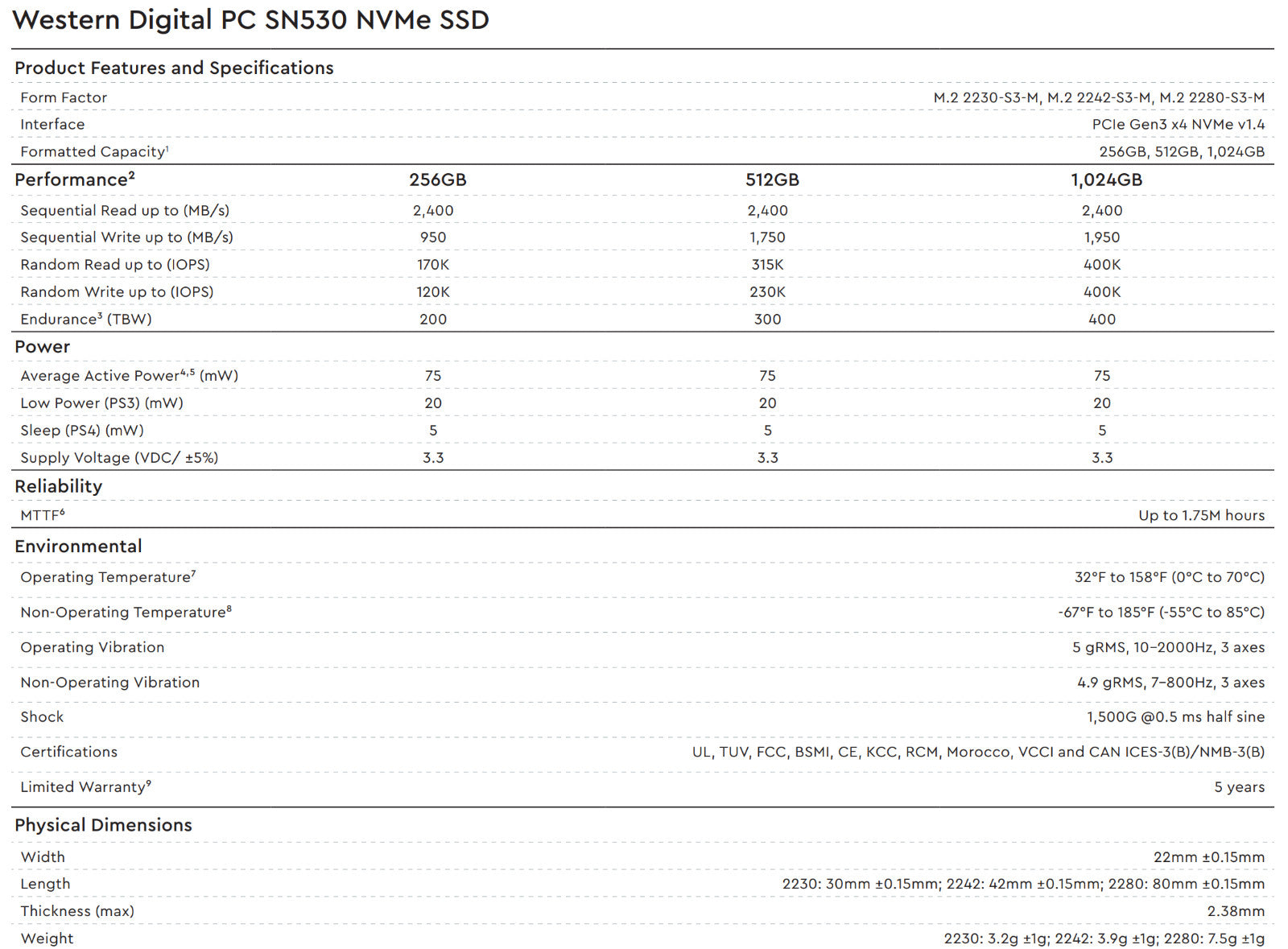 Western Digital WD SN530 256GB M.2 NVMe SSD PCIe 3.0 x4 2242 Notebook Festplatte